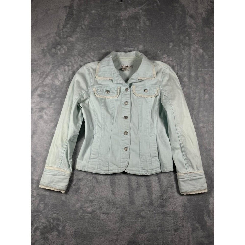 A.M.I Denim Jean Jacket Blue Light White Lace Vintage Buttons Size Large CowGirl